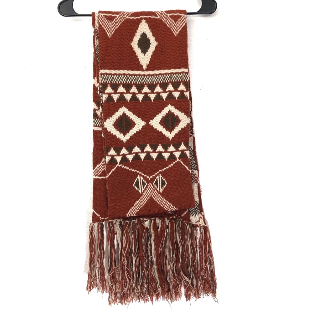 Aztec Geometric Fringe Knit Long Scarf